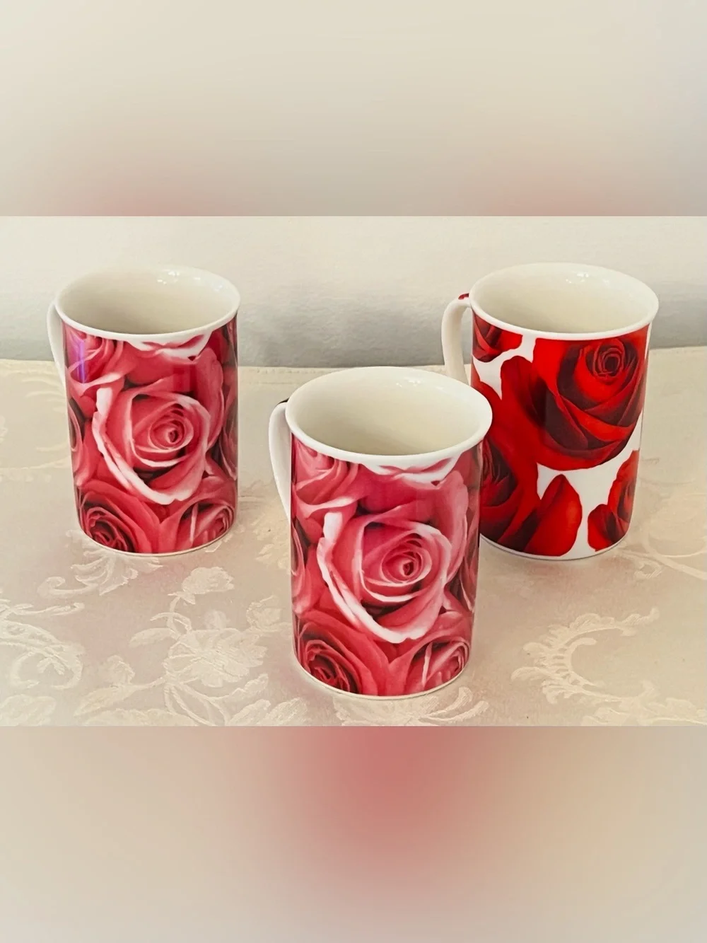Rose Print Latte Mug Set Pink Floral Cottagecore Tea Coffee Cups NWOB